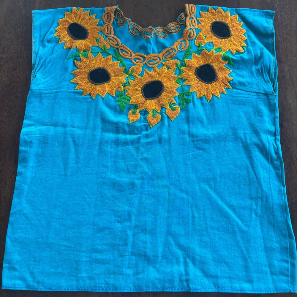 SOLD - Bundle 2 x Mexican Floral Embroidered Blue + Turquoise Women's Blouses